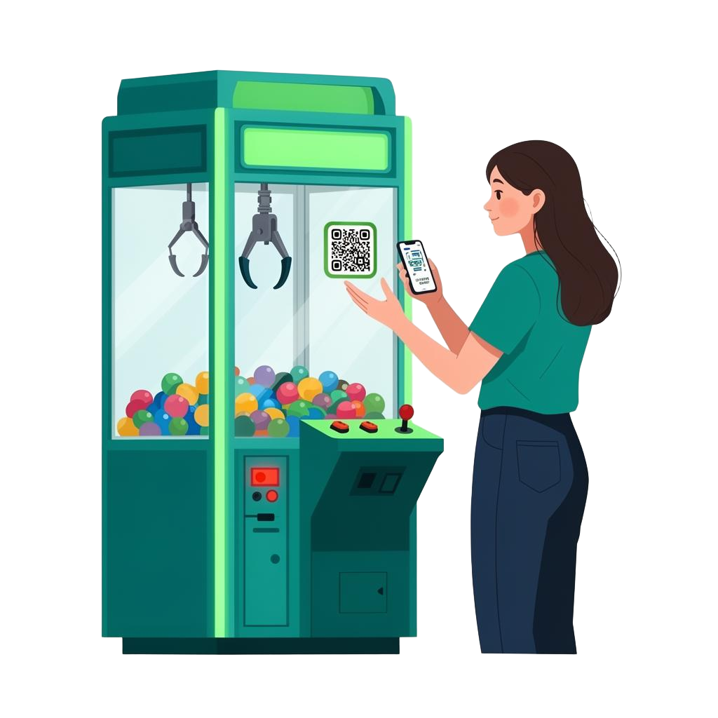 Young lady scanning QR code on a claw crane machine with her phone